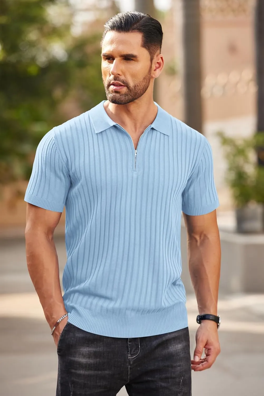 COOFANDY Men's Zipper Polo Shirts Short Sleeve Ribbed Knit Polo T Shirts Fashion Casual Golf Shirts