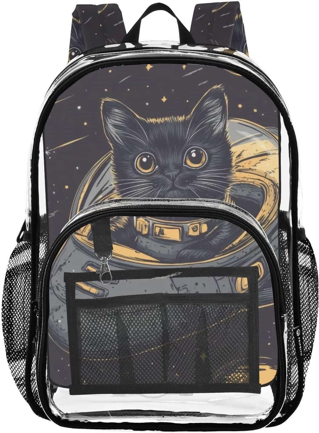 Cool Cat Astronaut Clear Backpack with Back Print, Heavy Duty See Through Backpacks PVC Transparent Daypack for Travel Security