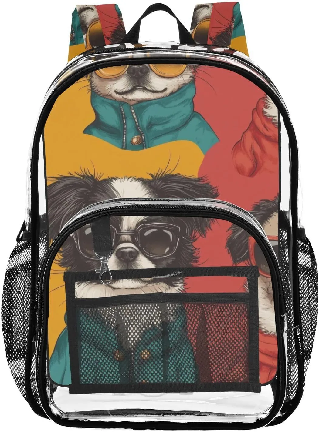 Cool Dogs Clear Backpack with Back Print, Heavy Duty See Through Backpacks PVC Transparent Daypack for Travel Security