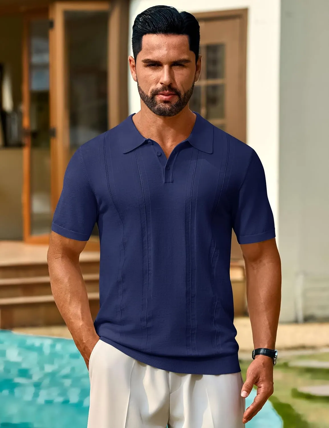 Cotrasen Men's Knit Polo Shirts Short Sleeve Collared T Shirts Slim Fit Casual Golf Polo Shirts