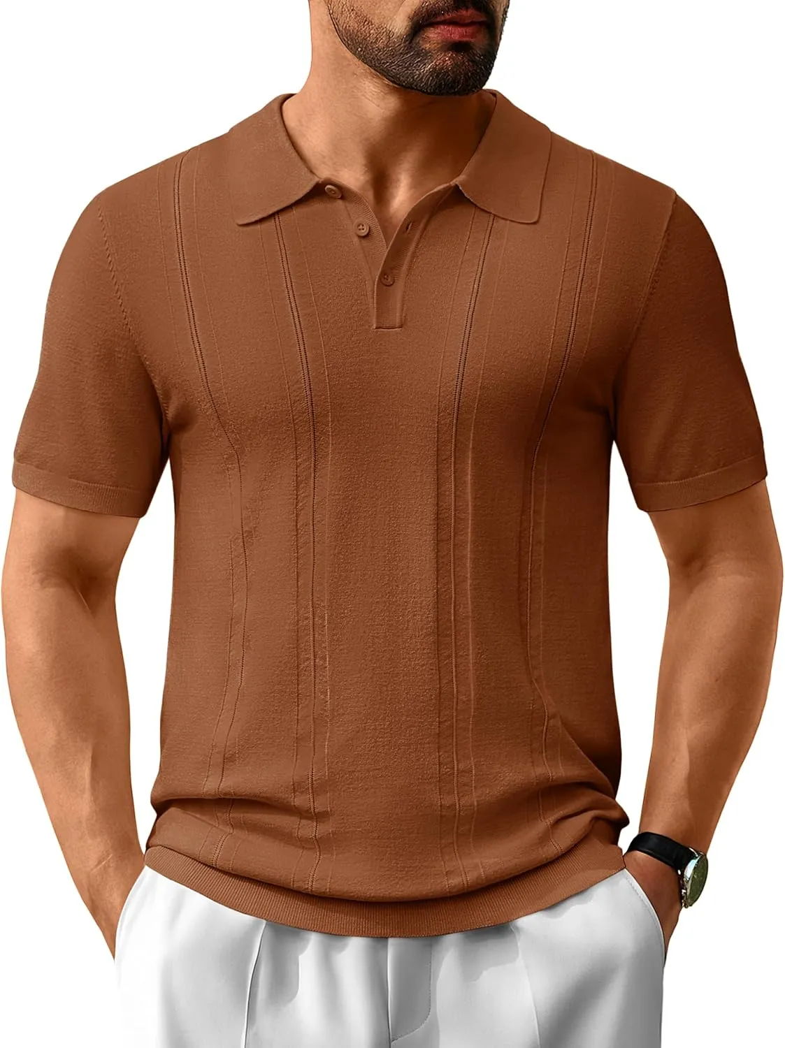 Cotrasen Men's Knit Polo Shirts Short Sleeve Collared T Shirts Slim Fit Casual Golf Polo Shirts