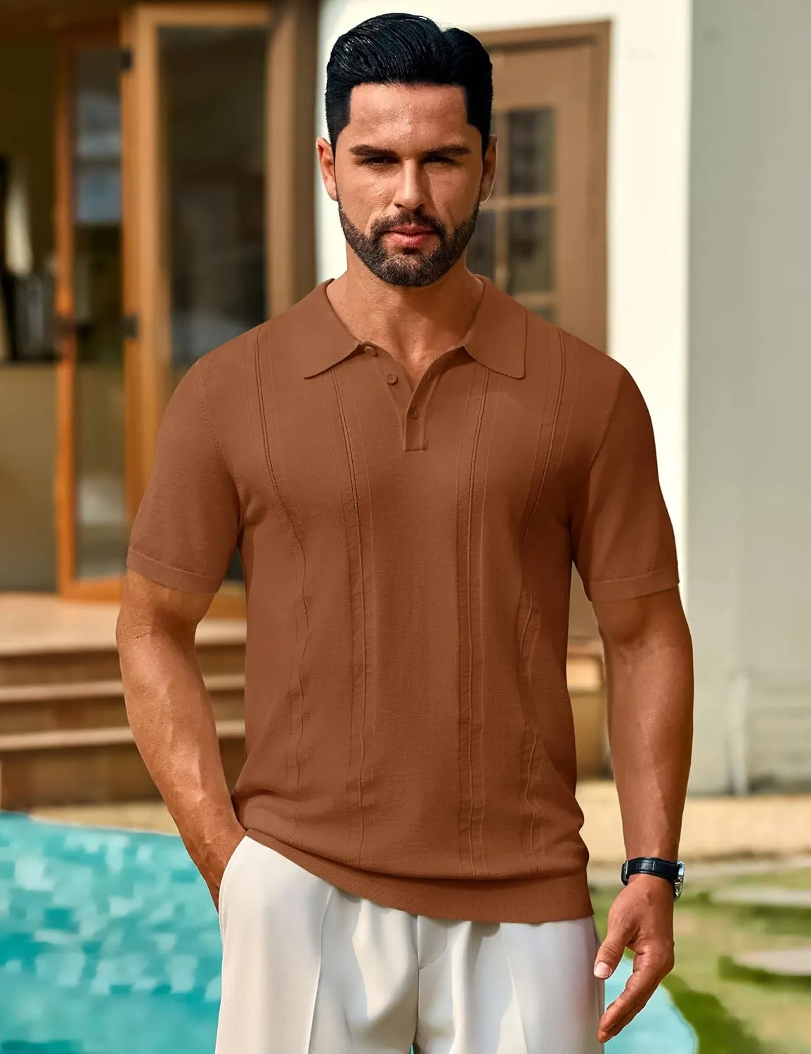 Cotrasen Men's Knit Polo Shirts Short Sleeve Collared T Shirts Slim Fit Casual Golf Polo Shirts