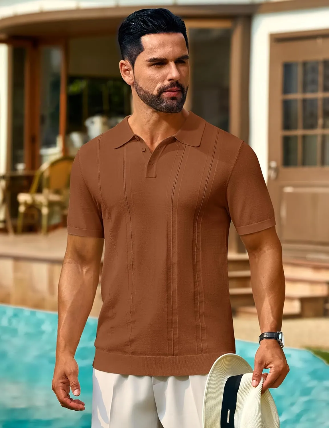 Cotrasen Men's Knit Polo Shirts Short Sleeve Collared T Shirts Slim Fit Casual Golf Polo Shirts