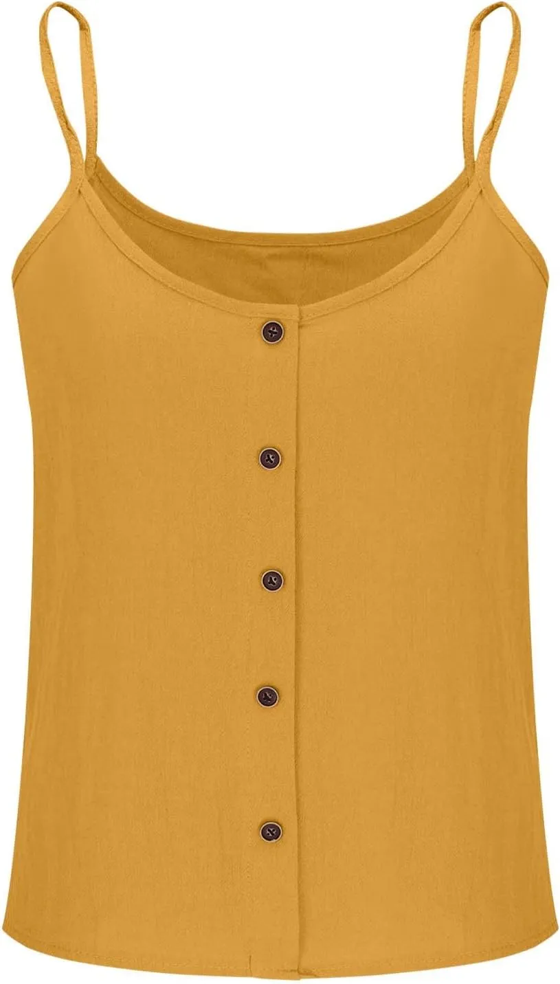Cotton Linen Camisole Tops for Women Spaghetti Strap Loose Tank Top Cami Summer Casual Button Down Sleeveless Shirts