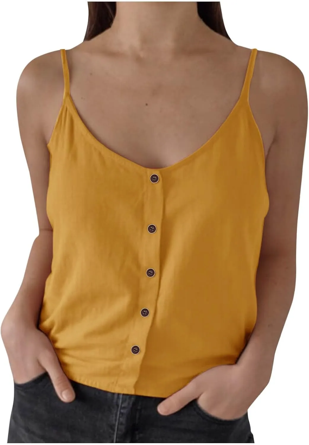 Cotton Linen Camisole Tops for Women Spaghetti Strap Loose Tank Top Cami Summer Casual Button Down Sleeveless Shirts