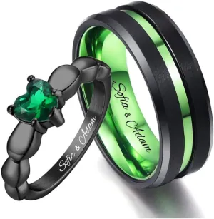 Couple Rings Set Promise Rings for Him and Her Customizable Engagement rings for Couples Matching Wedding Rings His and Hers Set Mens Wedding Bands Tungsten Green Heart Birthstone Rings for Women,Size 5-13