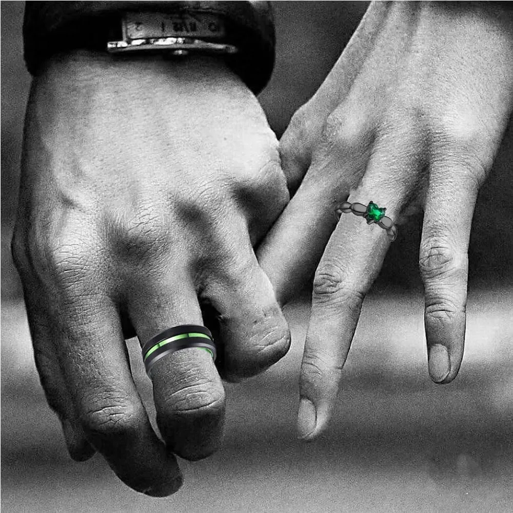 Couple Rings Set Promise Rings for Him and Her Customizable Engagement rings for Couples Matching Wedding Rings His and Hers Set Mens Wedding Bands Tungsten Green Heart Birthstone Rings for Women,Size 5-13