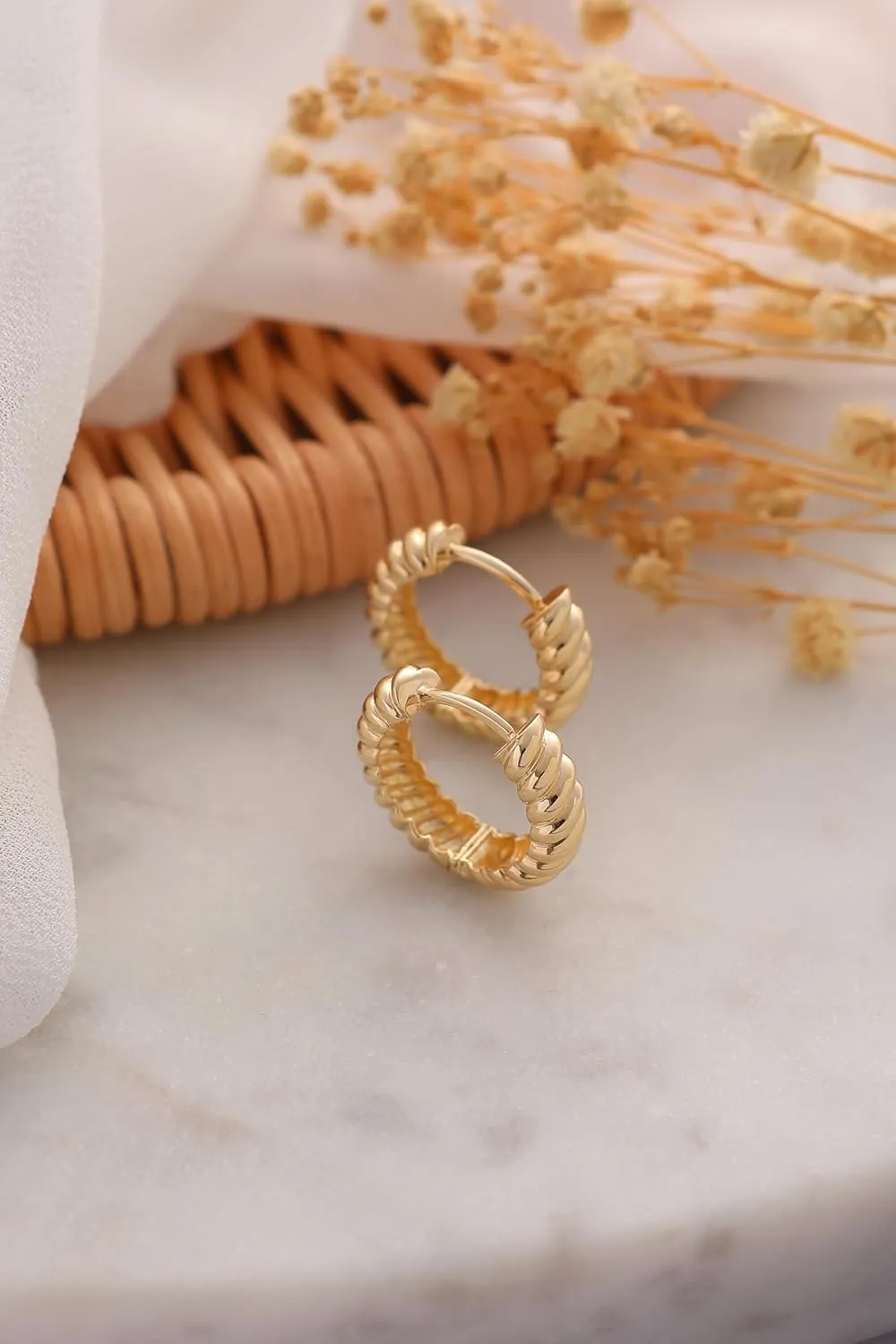Croissant Earrings, 14K Real Gold Croissant Earrings, Dainty initial Hoops Earrings, Minimalist 14K Gold Croissant Earrings, Birthday Gift