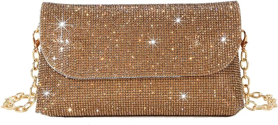 Crystals Envelope Rhinestone Clutch Purse Rubber Soles Drills Diamond Evening Shoulder Purses Wedding Party #2301-Brown