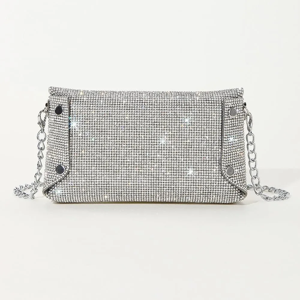 Crystals Envelope Rhinestone Clutch Purse Rubber Soles Drills Diamond Evening Shoulder Purses Wedding Party #2301-Silver