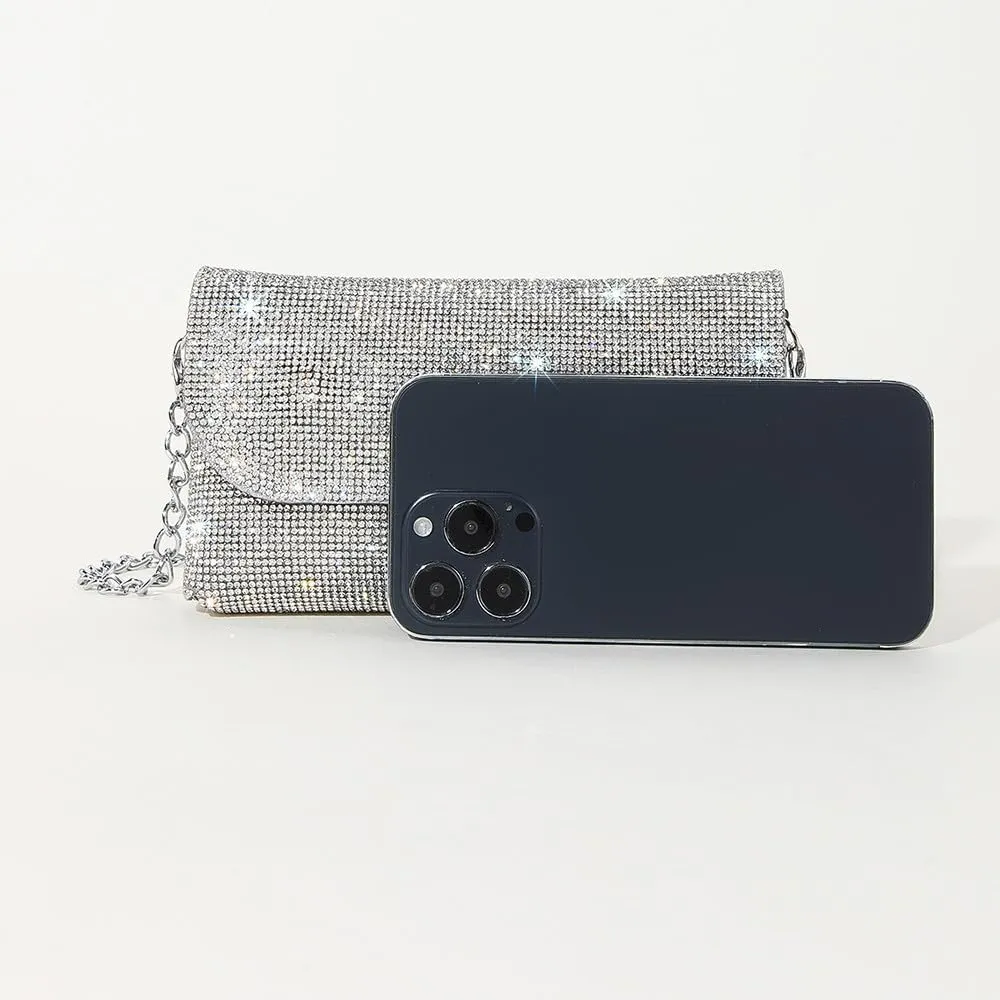 Crystals Envelope Rhinestone Clutch Purse Rubber Soles Drills Diamond Evening Shoulder Purses Wedding Party #2301-Silver