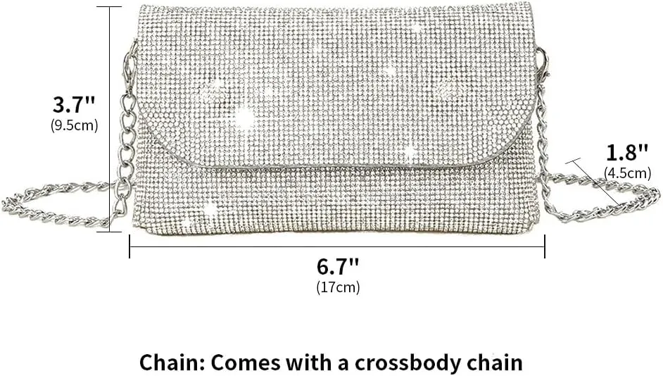 Crystals Envelope Rhinestone Clutch Purse Rubber Soles Drills Diamond Evening Shoulder Purses Wedding Party #2301-Silver