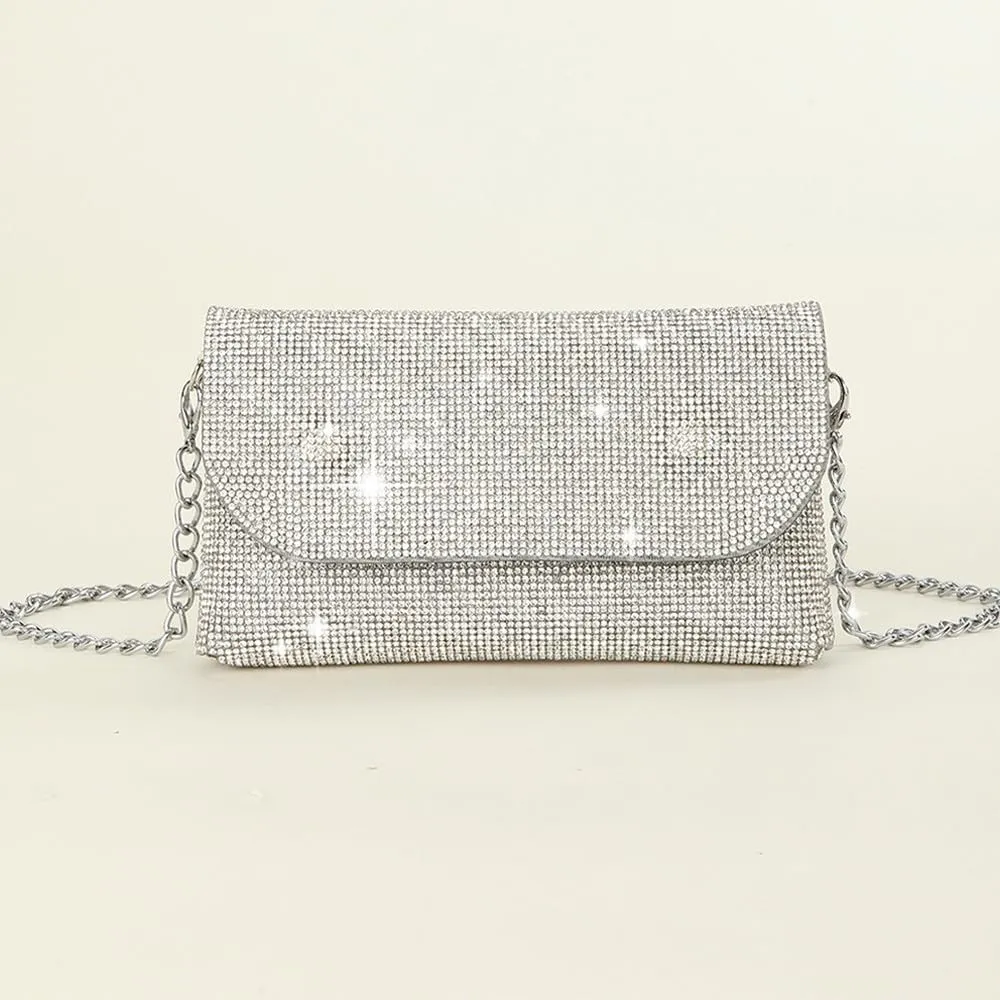 Crystals Envelope Rhinestone Clutch Purse Rubber Soles Drills Diamond Evening Shoulder Purses Wedding Party #2301-Silver