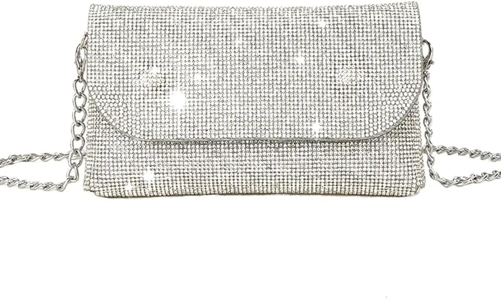 Crystals Envelope Rhinestone Clutch Purse Rubber Soles Drills Diamond Evening Shoulder Purses Wedding Party #2301-Silver
