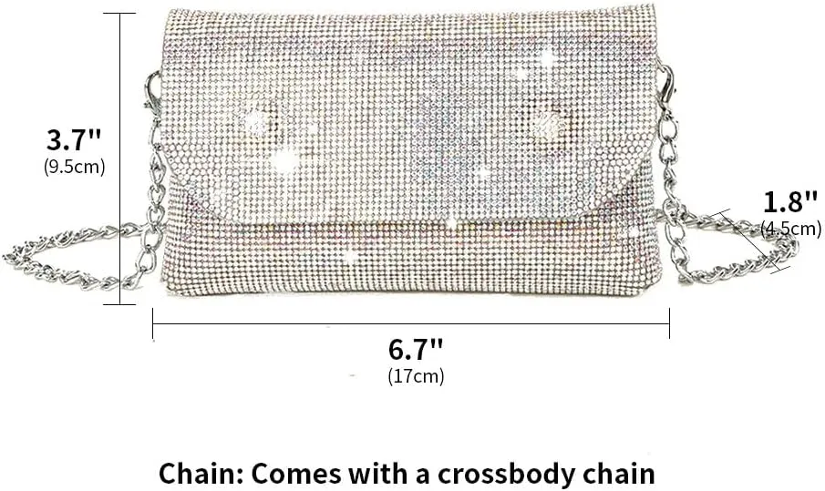 Crystals Envelope Rhinestone Clutch Purse Rubber Soles Drills Diamond Evening Shoulder Purses Wedding Party #2301-SilverAB