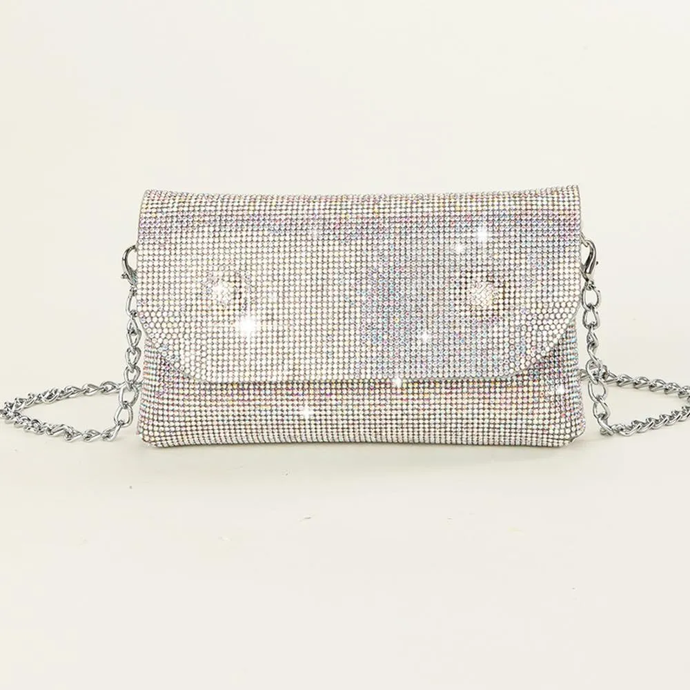 Crystals Envelope Rhinestone Clutch Purse Rubber Soles Drills Diamond Evening Shoulder Purses Wedding Party #2301-SilverAB
