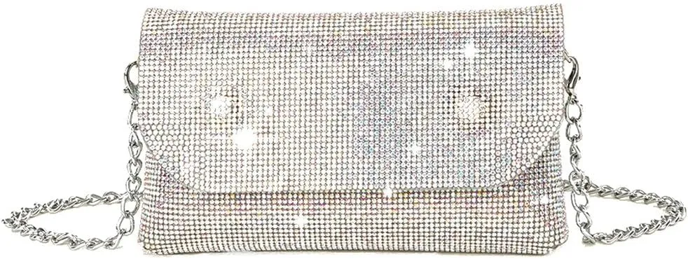 Crystals Envelope Rhinestone Clutch Purse Rubber Soles Drills Diamond Evening Shoulder Purses Wedding Party #2301-SilverAB