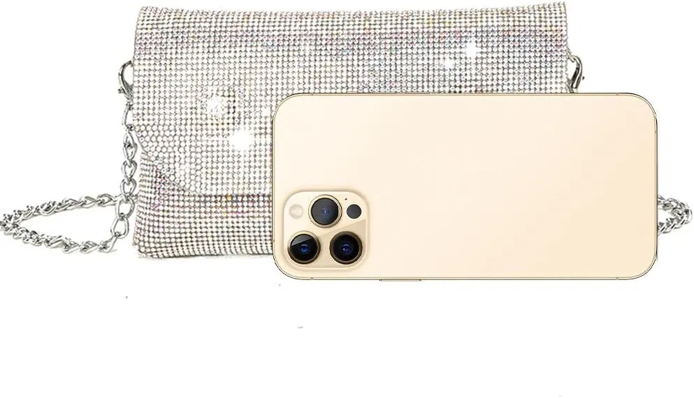 Crystals Envelope Rhinestone Clutch Purse Rubber Soles Drills Diamond Evening Shoulder Purses Wedding Party #2301-SilverAB