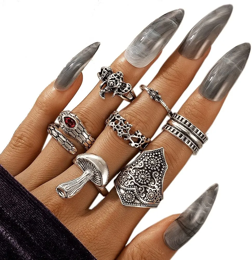 CSIYANJRY99 Silver Knuckle Ring Set for Women, Bohemian Vintage Stackable Mushroom Ring Finger Ring Aesthetic Jewelry