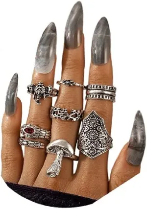 CSIYANJRY99 Silver Knuckle Ring Set for Women, Bohemian Vintage Stackable Mushroom Ring Finger Ring Aesthetic Jewelry