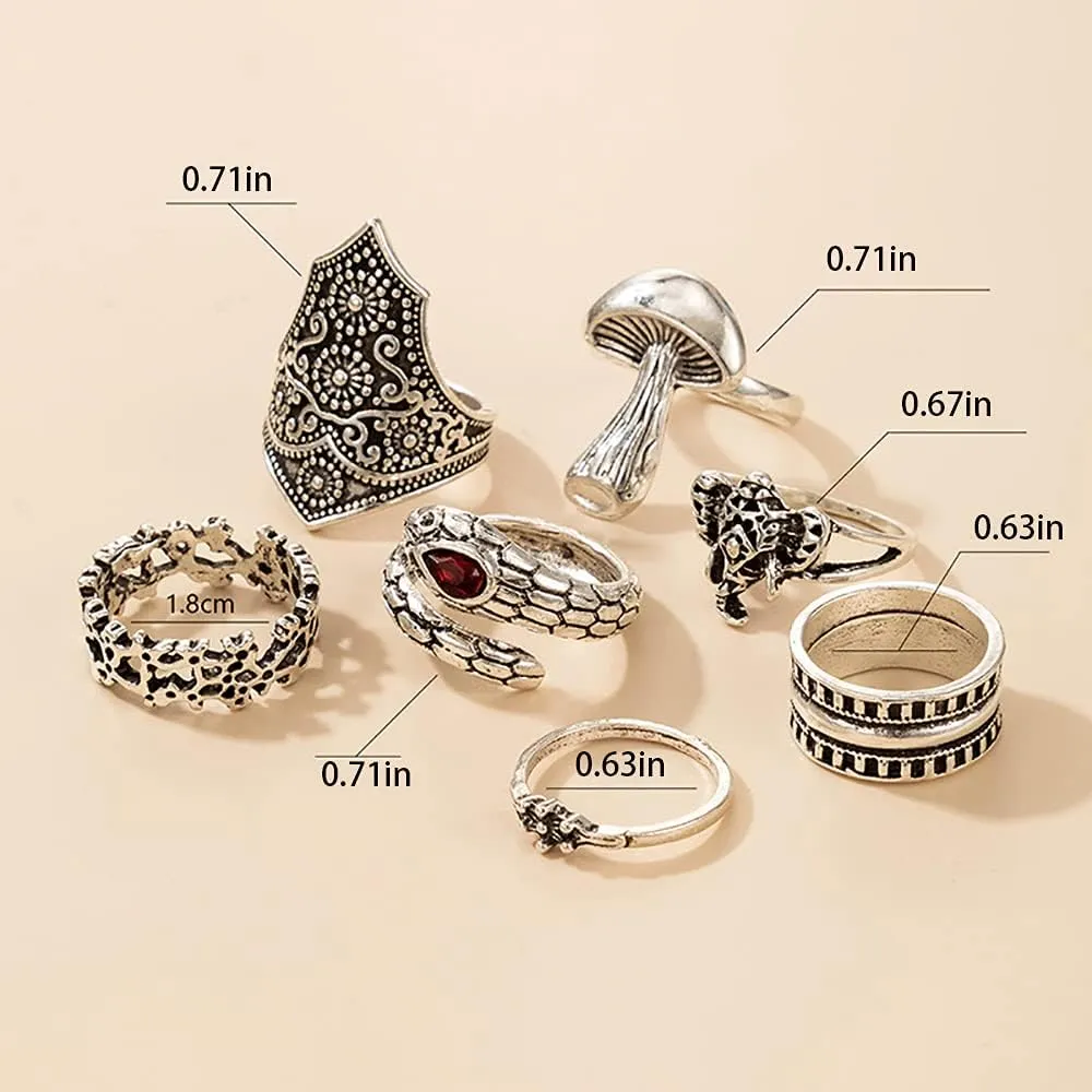 CSIYANJRY99 Silver Knuckle Ring Set for Women, Bohemian Vintage Stackable Mushroom Ring Finger Ring Aesthetic Jewelry