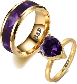 Custom Engraved Rings for Couples Promise Rings Set Gold Wedding Rings Set for Him and Her Matching Engagement Rings for Couples Heart Birthstone Rings for Women Mens Wedding Band Tungsten Blue