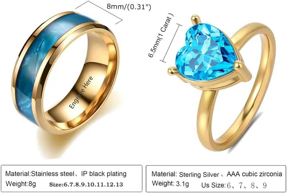 Custom Engraved Rings for Couples Promise Rings Set Gold Wedding Rings Set for Him and Her Matching Engagement Rings for Couples Heart Birthstone Rings for Women Mens Wedding Band Tungsten Blue