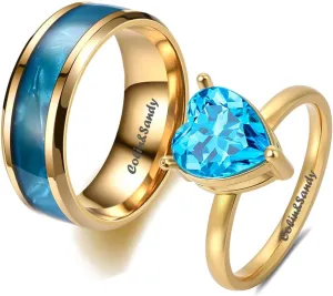 Custom Engraved Rings for Couples Promise Rings Set Gold Wedding Rings Set for Him and Her Matching Engagement Rings for Couples Heart Birthstone Rings for Women Mens Wedding Band Tungsten Blue