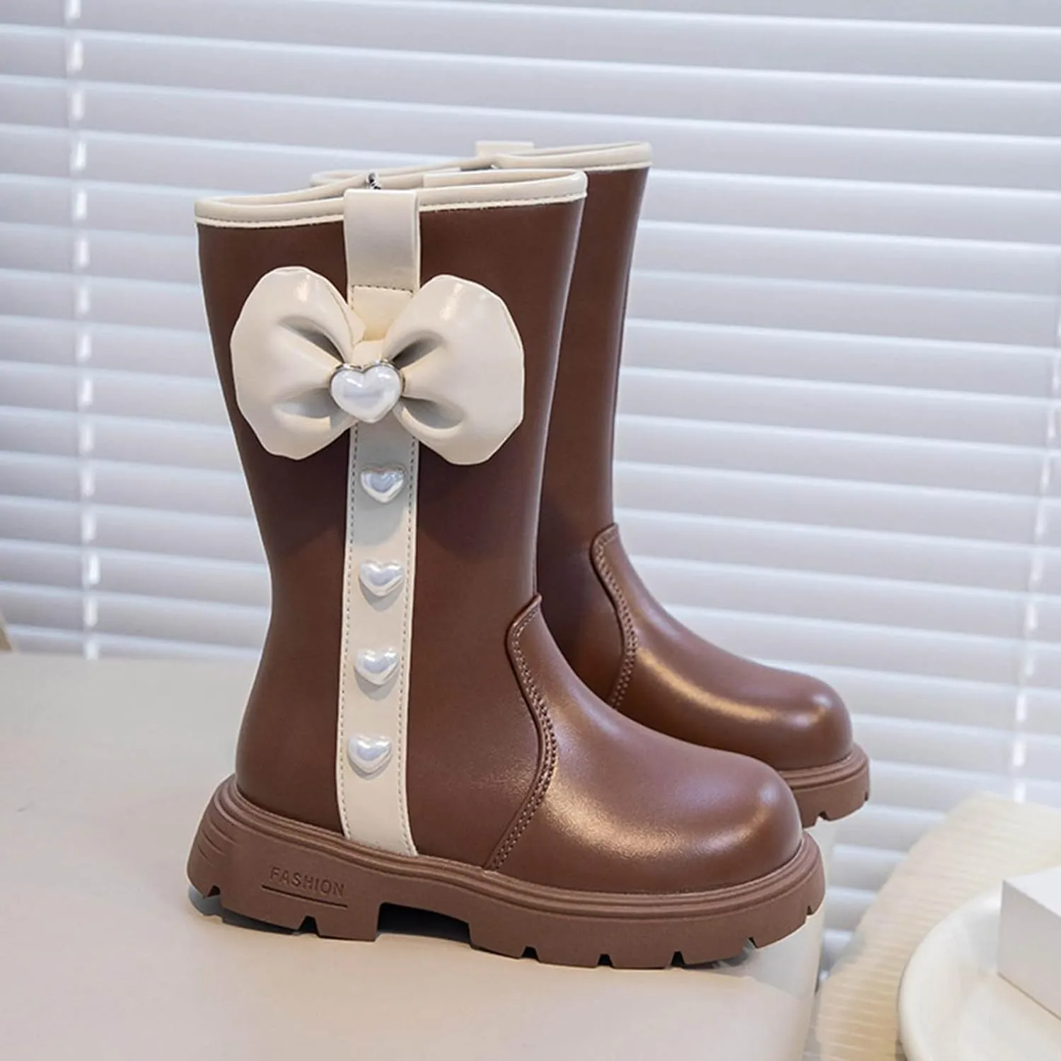 Cute Bowknot Mid Calf Riding Boots for Girls Kids Waterroof Non Slip Outdoor Sweet Leather Princess Dress Shoes