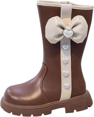 Cute Bowknot Mid Calf Riding Boots for Girls Kids Waterroof Non Slip Outdoor Sweet Leather Princess Dress Shoes