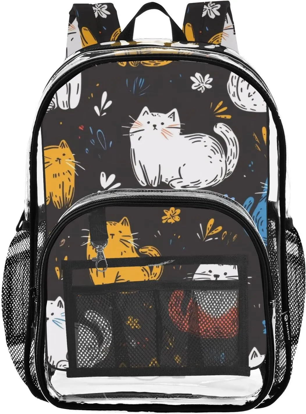 Cute Cats Clear Backpack with Back Print, Heavy Duty See Through Backpacks PVC Transparent Daypack for Travel Security