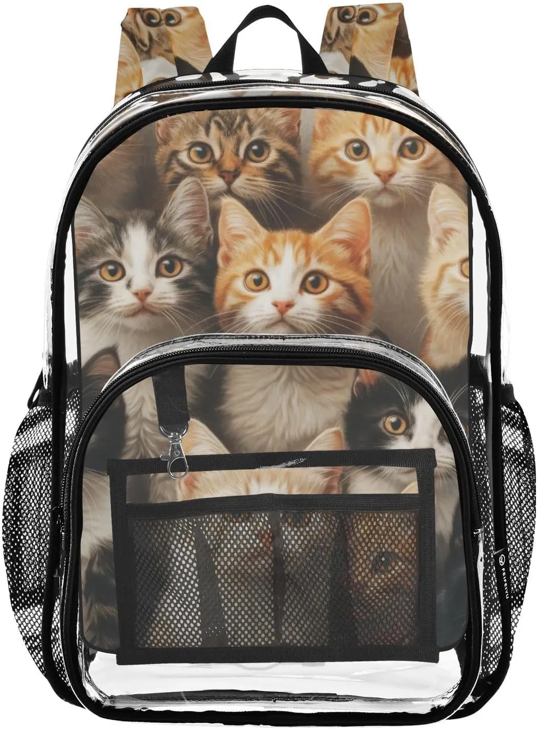 Cute Cats Family Clear Backpack with Back Print, Heavy Duty See Through Backpacks PVC Transparent Daypack for Travel Security