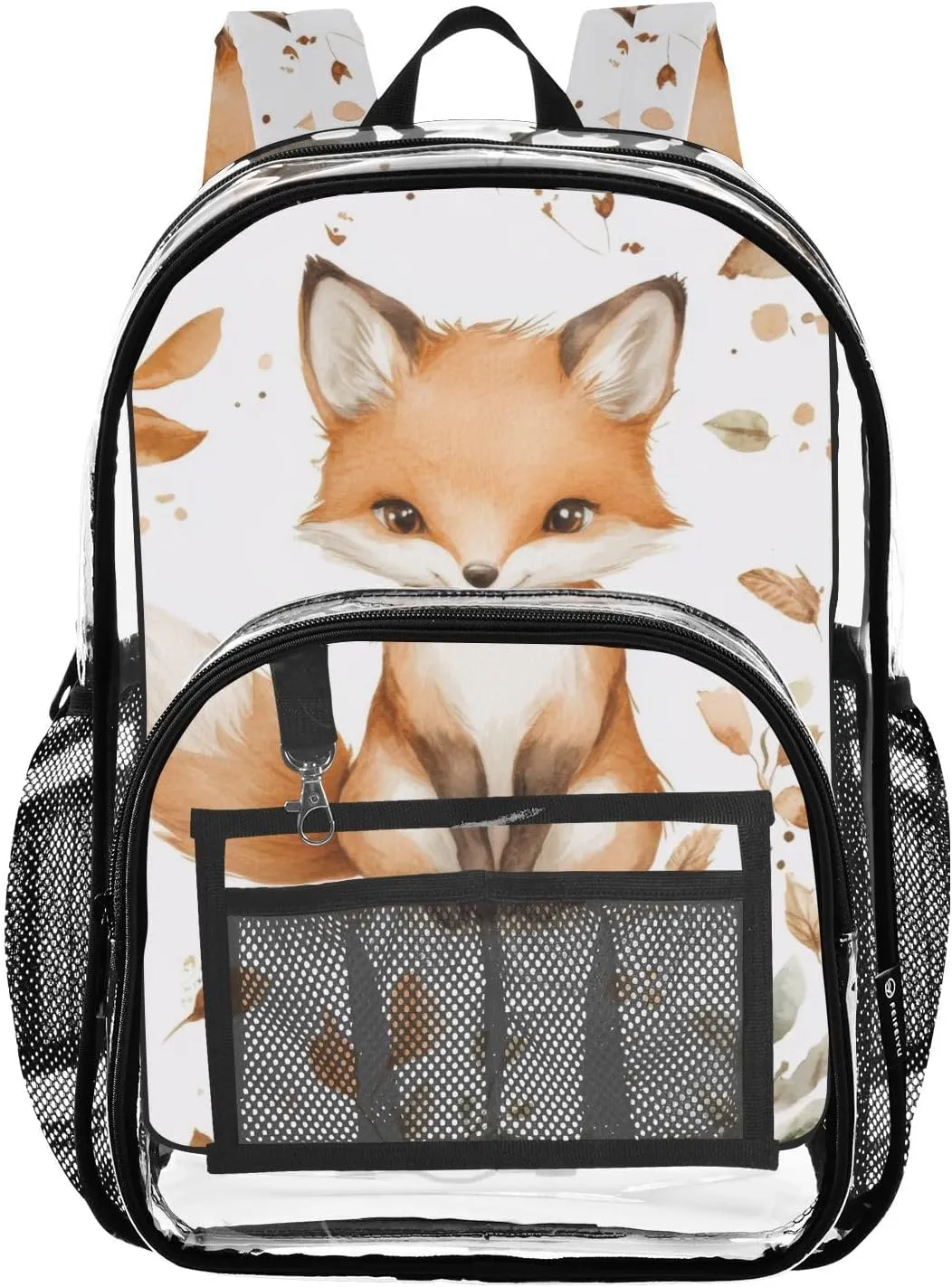 Cute Forest Fox Clear Backpack with Back Print, Heavy Duty See Through Backpacks PVC Transparent Daypack for Travel Security