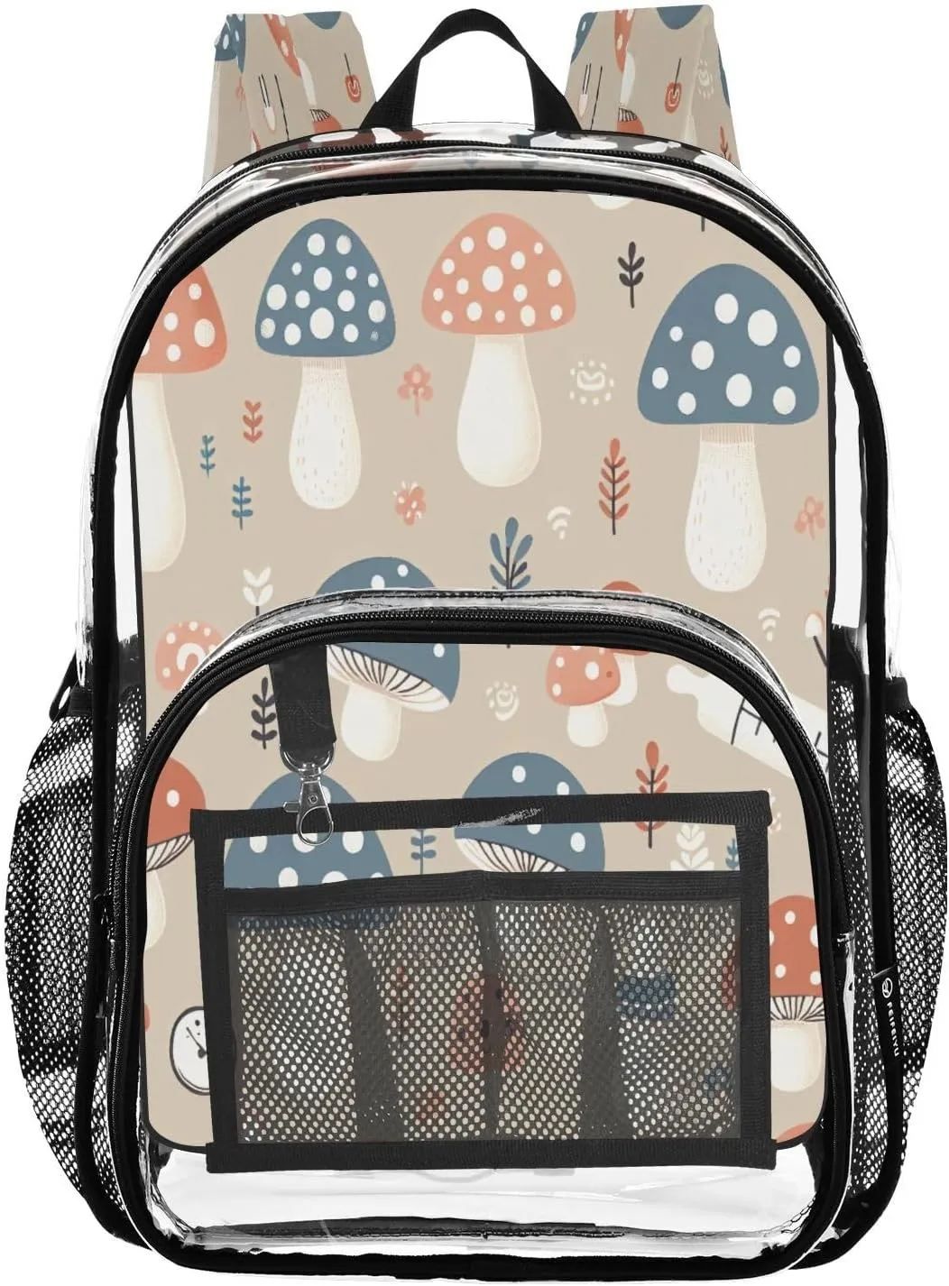 Cute Mushrooms with Dots Clear Backpack with Back Print, Heavy Duty See Through Backpacks PVC Transparent Daypack for Travel Security