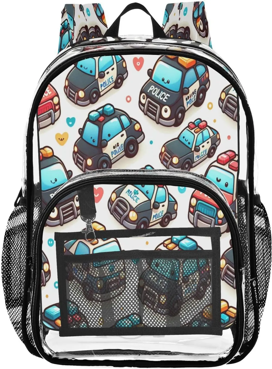 Cute Police Cars Clear Backpack with Back Print, Heavy Duty See Through Backpacks PVC Transparent Daypack for Travel Security