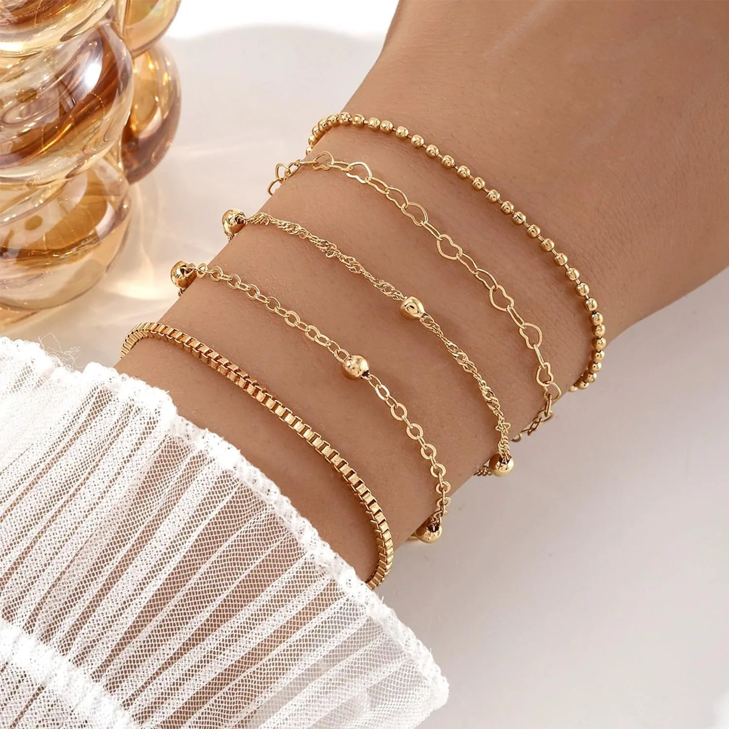 Dainty Gold Stackable Bracelets Set for Women Heart Bracelets Paperclip Link Bracelets Adjustable Layered Chain Bracelets 14K Gold Jewelry for Women