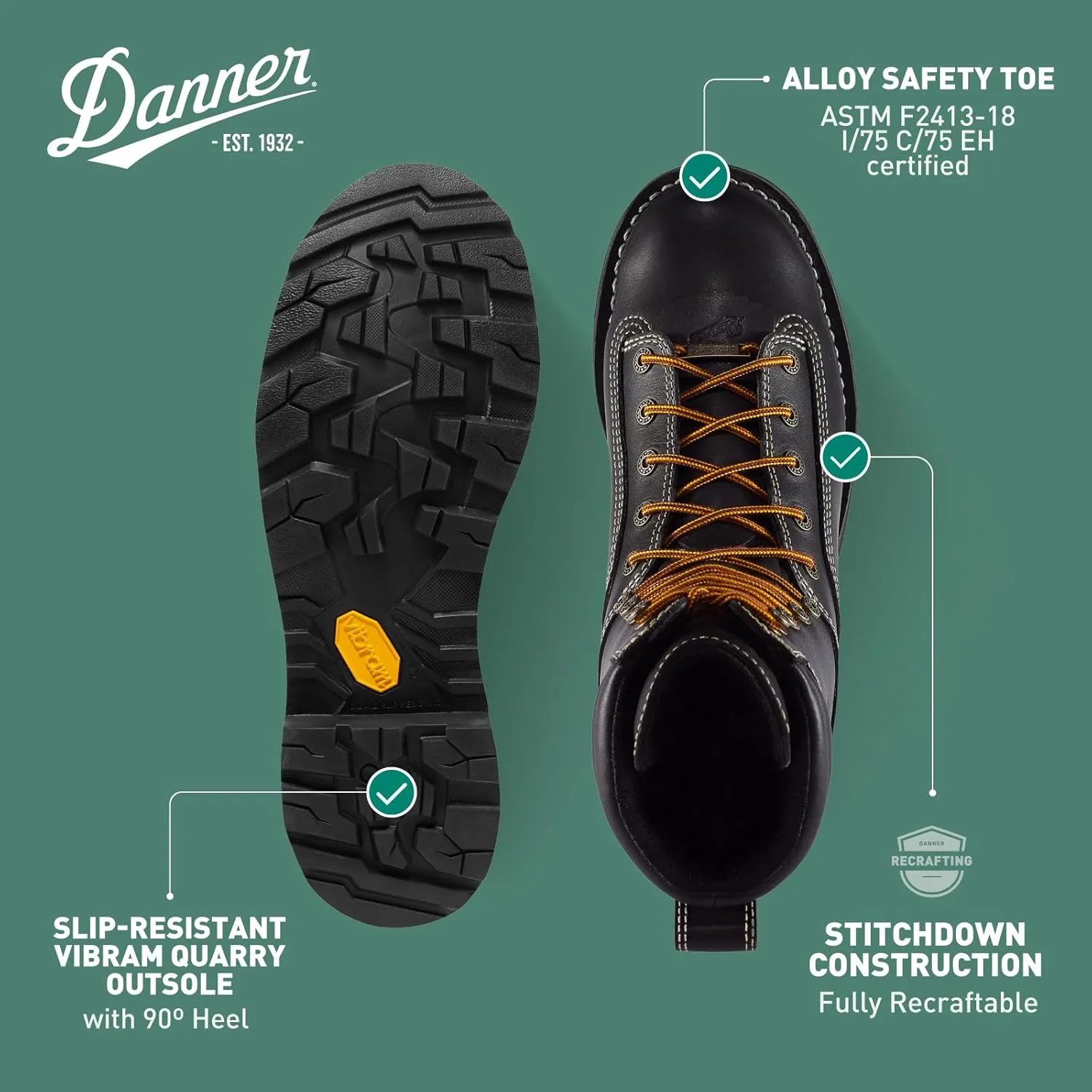 Danner 8 Quarry USA Waterproof Alloy Safety Toe Work Boots for Men - Full-Grain Leather with Gore-Tex Lining and Traction Heel Outsole, EH Resistant