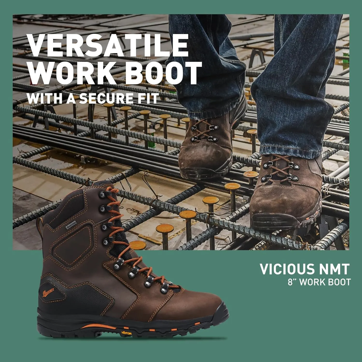 Danner Vicious 8 Composite Toe Work Boots for Men - Full-Grain Leather with Breathable Gore-Tex Lining, Speed Lace System & Non Slip Heeled Outsole