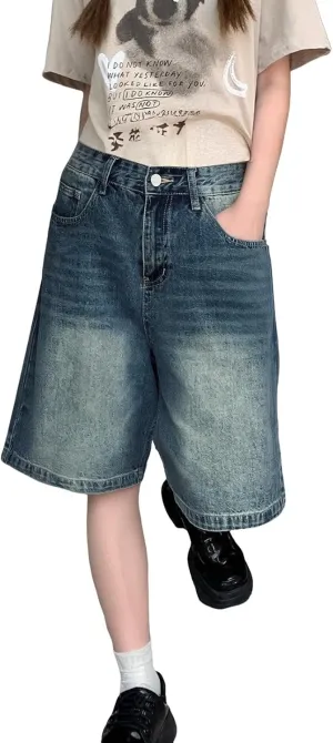Denim Bermuda Shorts for Women Knee Length Baggy Jean Shorts Vintage Straight Leg Plus Size Jeans Jorts with Pockets
