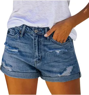 Denim Shorts for Women Stretchy Mid Rise Ripped Rolled Hem Jean Shorts Casual Summer Trendy Short Denim Pants