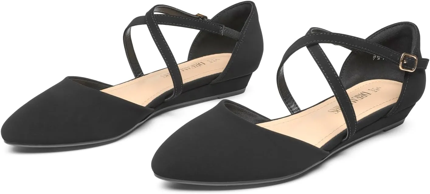 DREAM PAIRS Pointed Toe Low Wedge Heeled Ankle Strap Flats Shoes for Women Dressy Comfortable, Casual Slip-on Dress Shoes for Business Office and Work