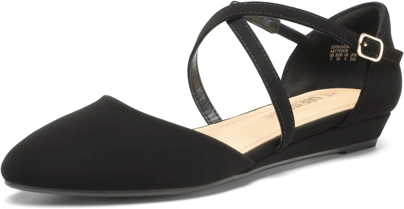 DREAM PAIRS Pointed Toe Low Wedge Heeled Ankle Strap Flats Shoes for Women Dressy Comfortable, Casual Slip-on Dress Shoes for Business Office and Work
