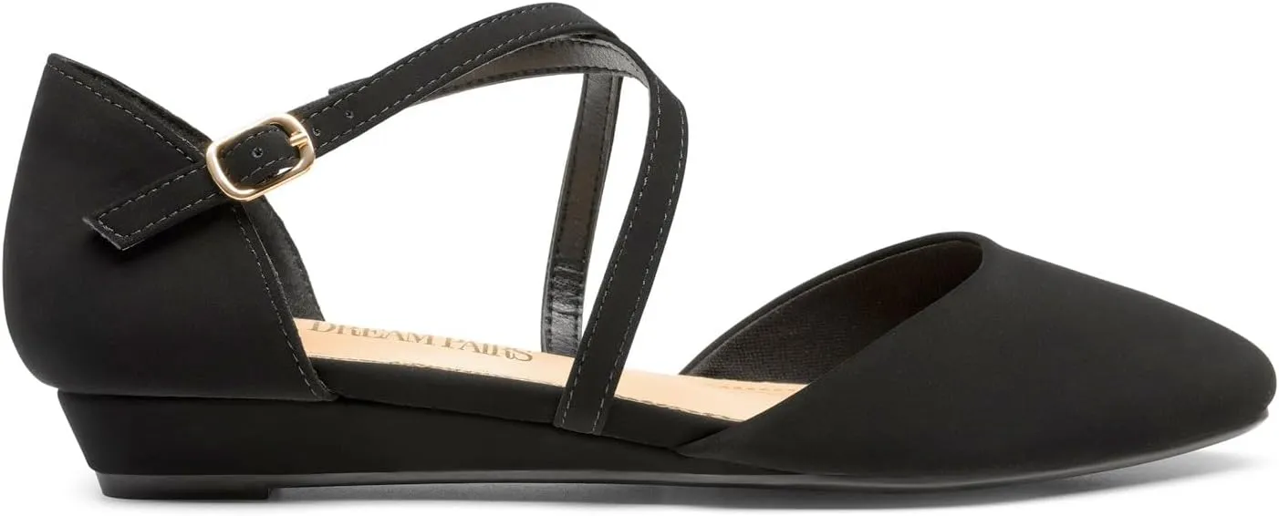 DREAM PAIRS Pointed Toe Low Wedge Heeled Ankle Strap Flats Shoes for Women Dressy Comfortable, Casual Slip-on Dress Shoes for Business Office and Work