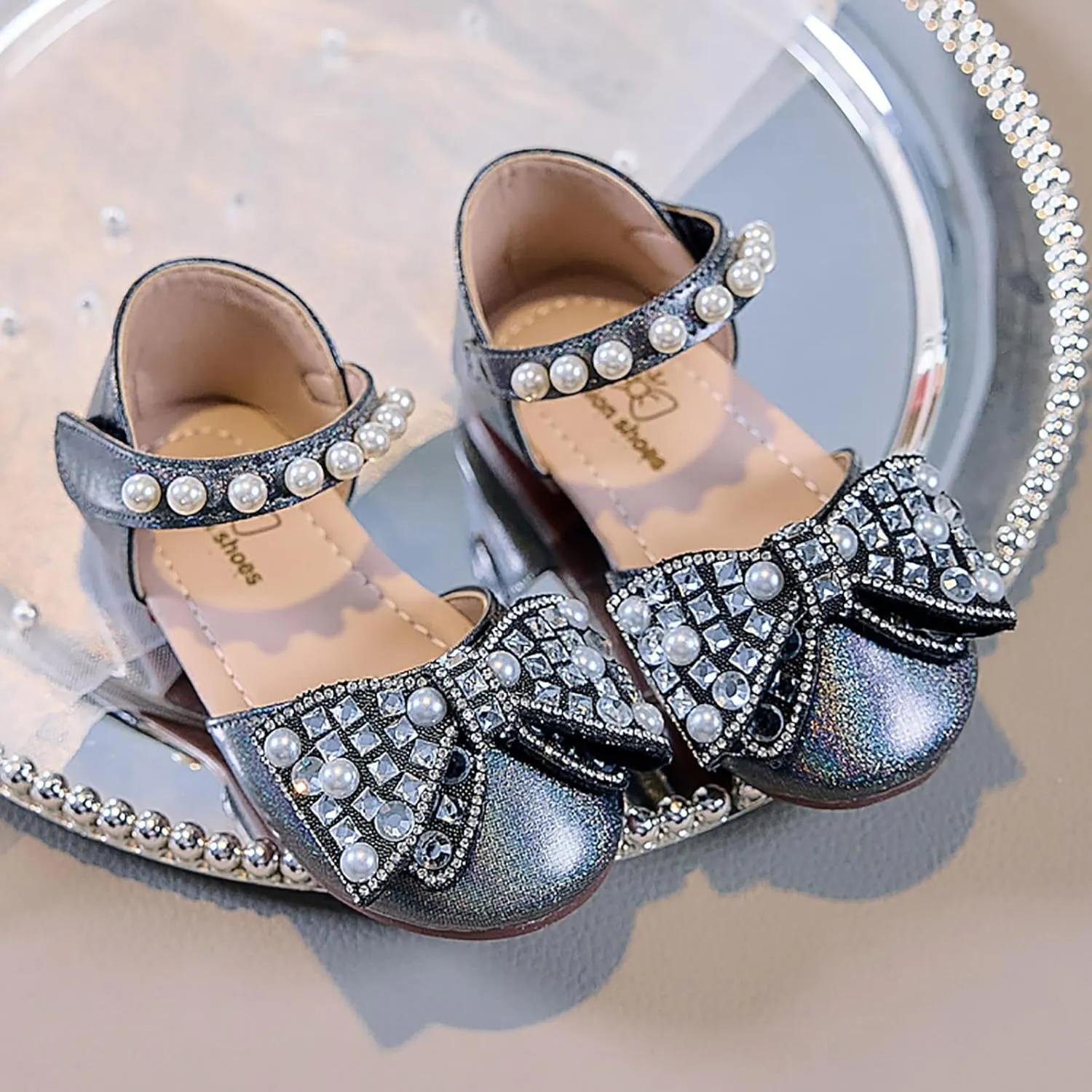 Dress Cosplay Shoes Bling Bowknot Kids Baby Sandals Single Shoes Pearl Girls Crystal Infant Baby