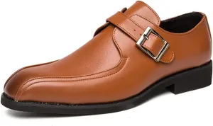 Dress Oxford for Men Slip On Bike Toe Monk Strap Vegan Leather Low Top Block Heel Rubber Sole Slip Resistant Walking (Color : Brown, Size : 8.5)