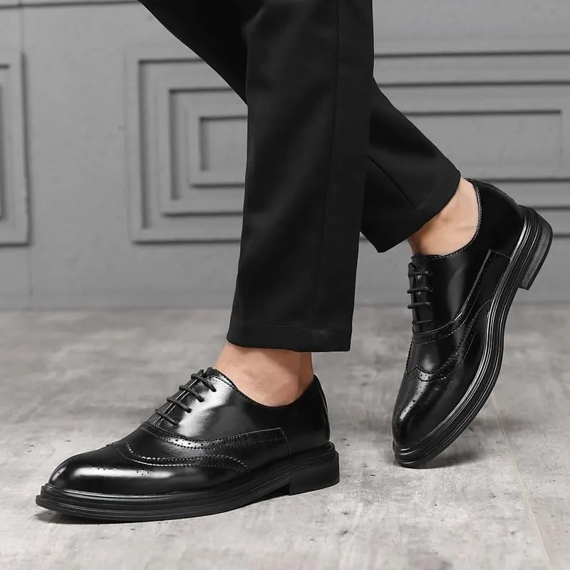 Dress Oxford Shoes for Men Lace Up Pointed Toe Brogue Embossed Wingtips Vegan Leather Derby Shoes Anti-Slip Low Top Non Slip Resistant Rubber Sole