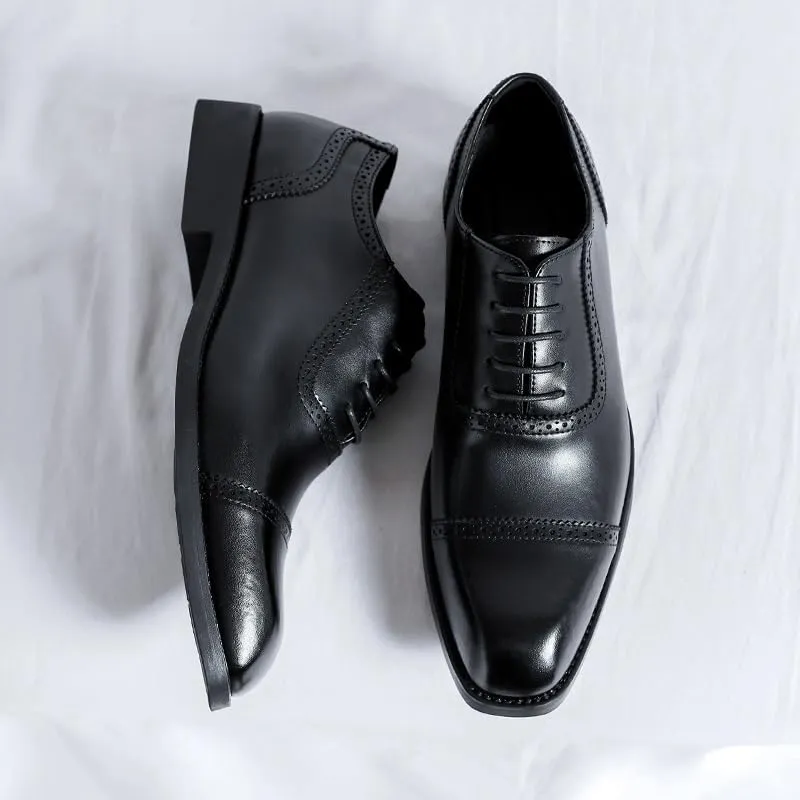 Dress Oxford Shoes for Men Lace Up Square Toe Vegan Leather Cap Toe Oxford Shoes Low Top Block Heel Non Slip Resistant Prom