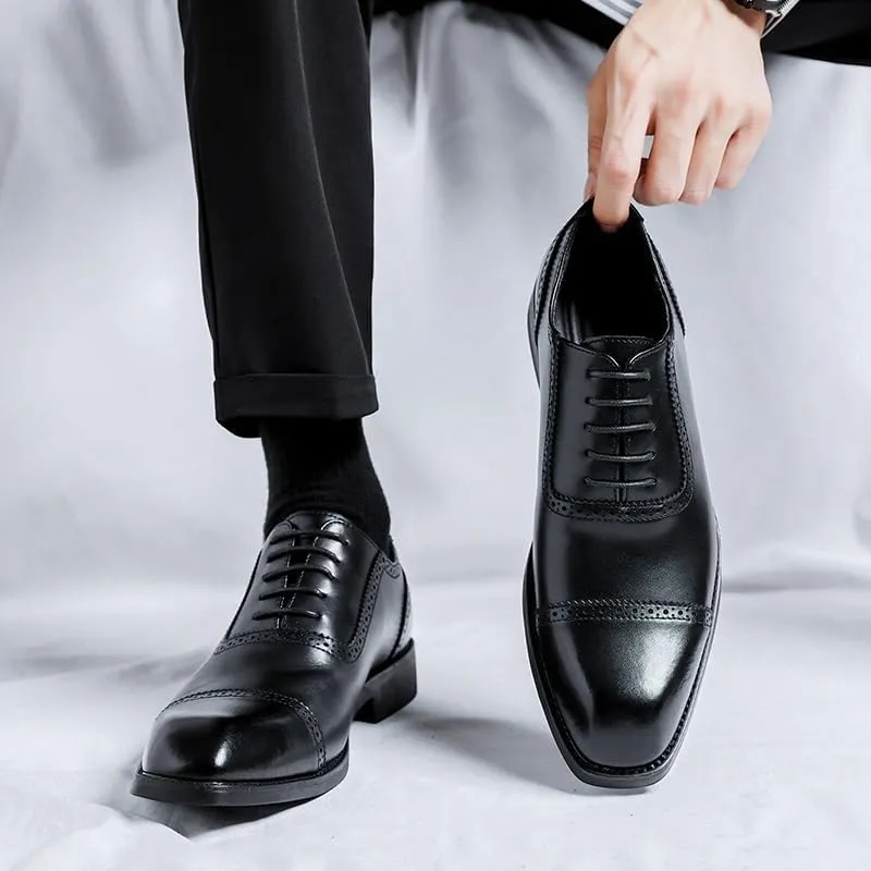 Dress Oxford Shoes for Men Lace Up Square Toe Vegan Leather Cap Toe Oxford Shoes Low Top Block Heel Non Slip Resistant Prom