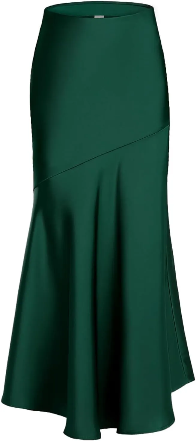 ebossy Women's Elegant Fishtail Long Skirt Silk Satin Hidden Elastic Waist Ruffle Flared A-Line Maxi Skirt