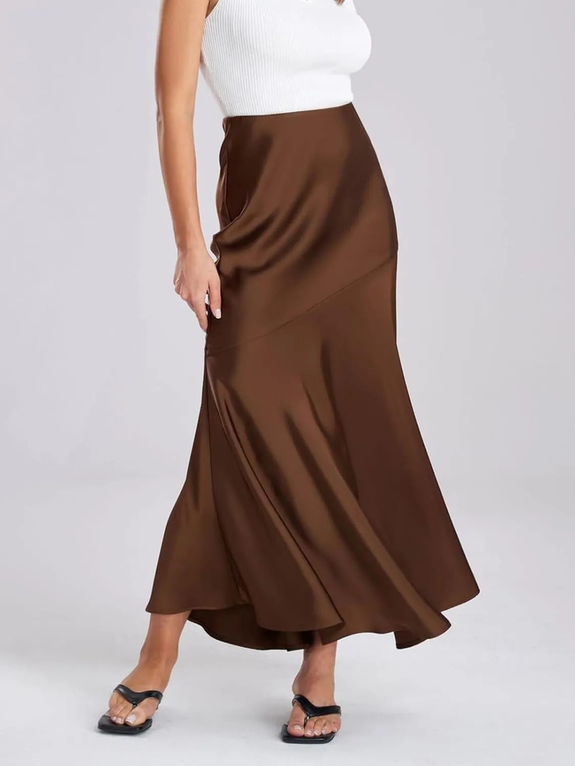 ebossy Women's Elegant Fishtail Long Skirt Silk Satin Hidden Elastic Waist Ruffle Flared A-Line Maxi Skirt